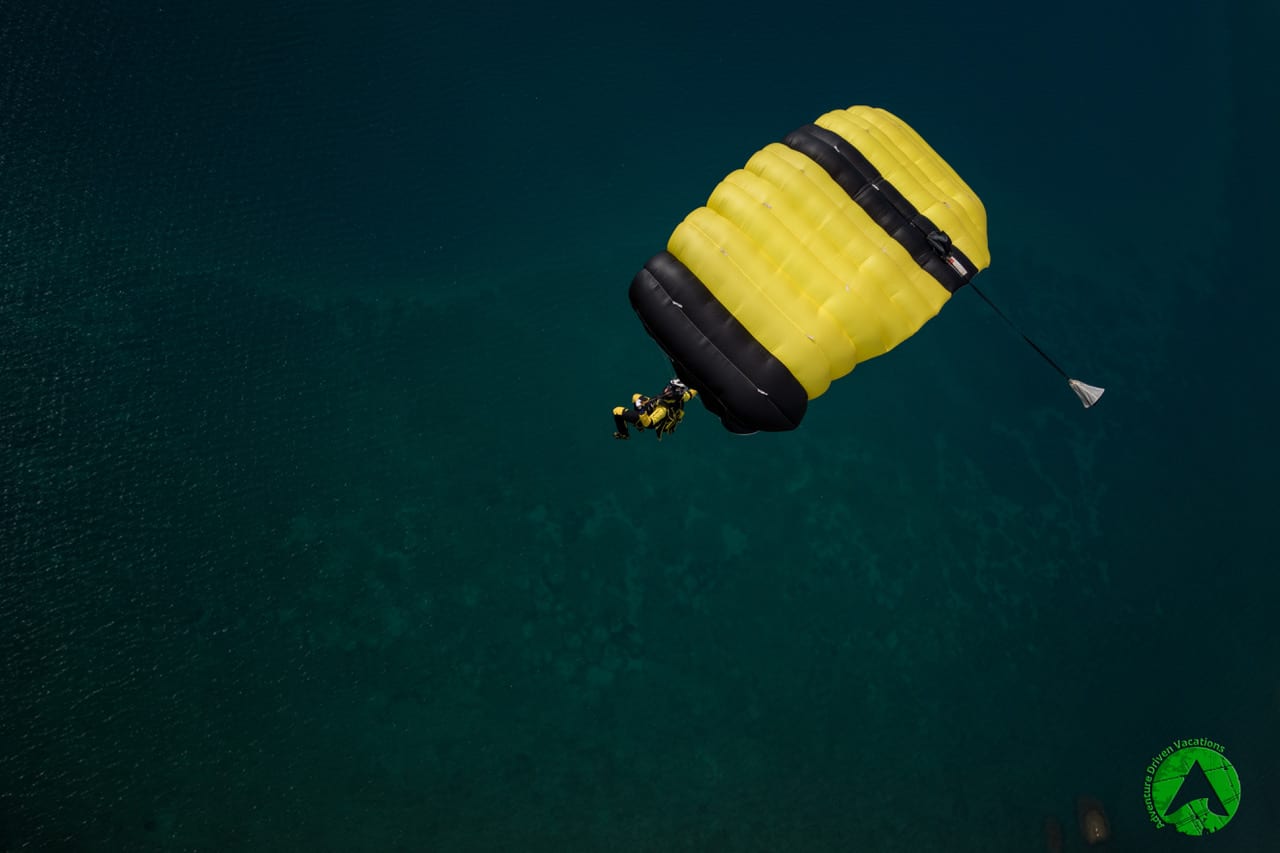 Enjoying parachute flight above sea in Croatia Zadar